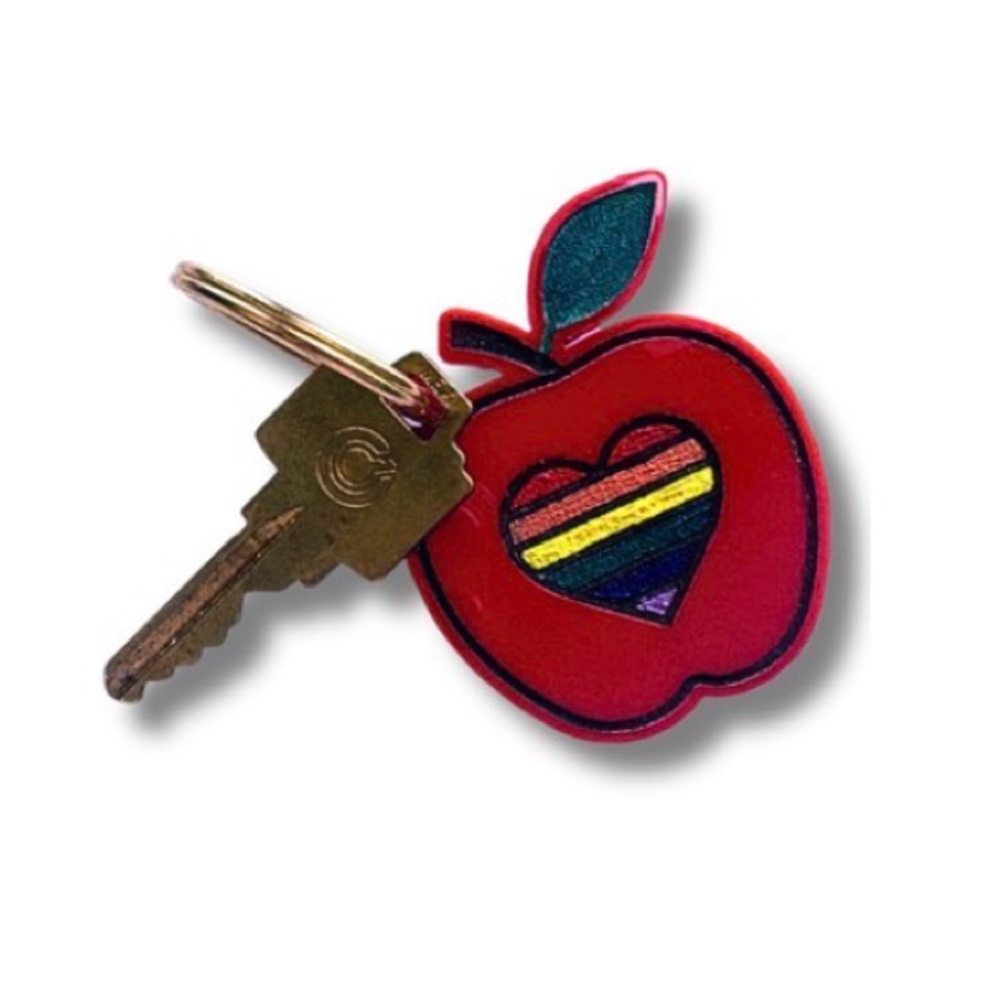 Red Apple Keychain with Rainbow Heart